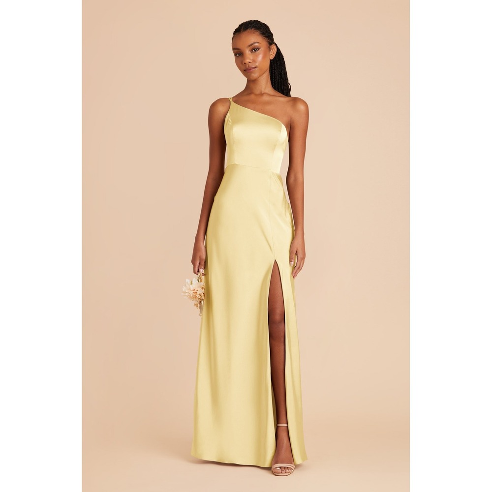 Birdy Grey Maxi Dress Womens Medium Yellow Bridesmaid One Shoulder Satin Slit